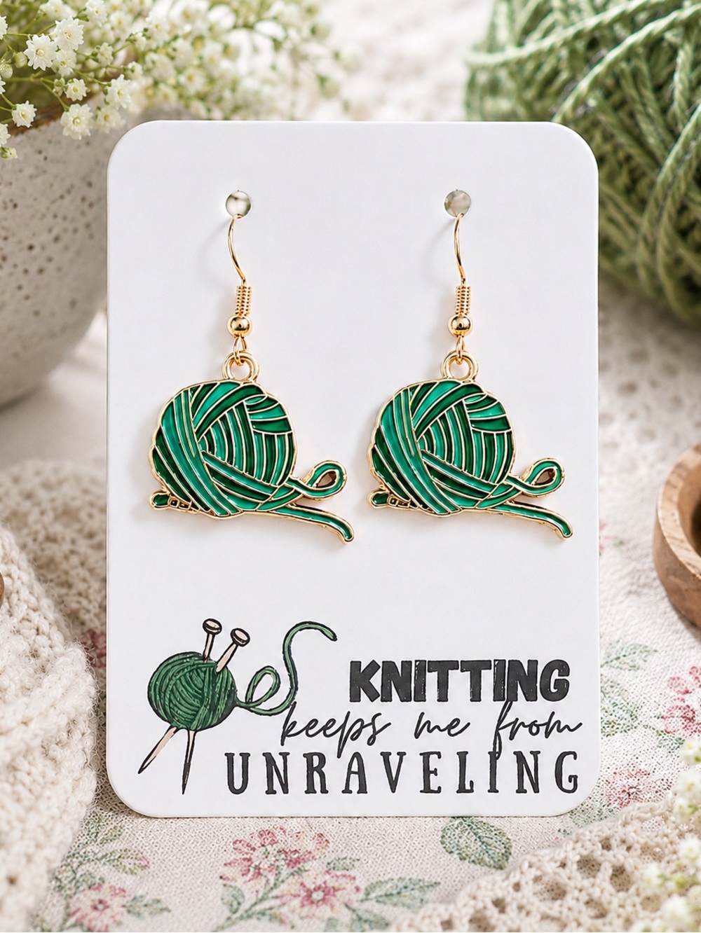 New Handmade Gold-Tone & Green "Knitting Keeps Me From Unraveling" Earrings